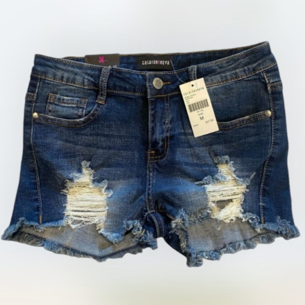 Fashion Nova Dark Blue Distressed Jean Shorts Size 28